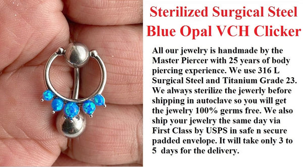 Sterilized Surgical Steel 5 Blue Opals VCH CLICKER 14g Barbell w Heavy Ball.