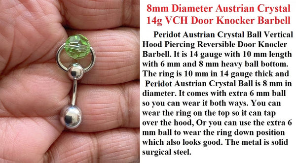 Peridot Austrian Crystal Door Knocker VCH Piercing Barbell.