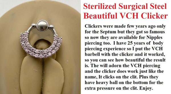 Sterilized Surgical Steel 2 Lines Pink Gems VCH CLICKER 14g Barbell w Heavy Ball.
