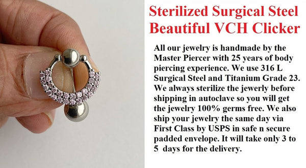 Sterilized Surgical Steel 2 Lines Pink Gems VCH CLICKER 14g Barbell w Heavy Ball.