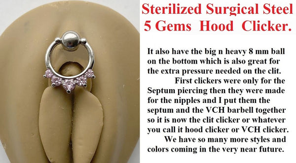 Sterilized Surgical Steel 5 Pink Gems VCH CLICKER 14g Barbell w Heavy Ball.