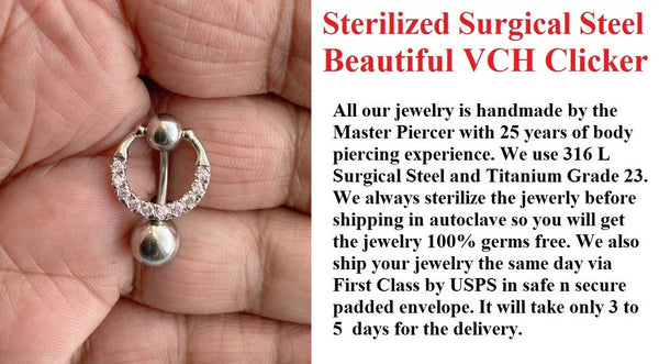 Sterilized Surgical Steel 10 Pink Gems VCH CLICKER 14g Barbell w Heavy Ball.