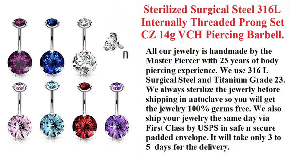 INTERNALLY THREADED Surgical Steel PRONG SET CZ 7 Colors VCH Barbell.