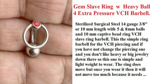 STERILIZED RED Gem Slave Ring w Heavy Ball for Extra Pressure 14g VCH Barbell.
