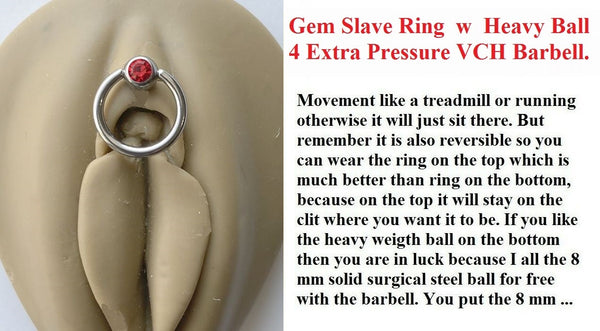 STERILIZED RED Gem Slave Ring w Heavy Ball for Extra Pressure 14g VCH Barbell.