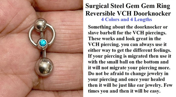 4 Colors & 4 Lengths: Surgical Steel Small Gem Ring REVERSIBLE VCH Door Knocker with Heavy bottom ball.