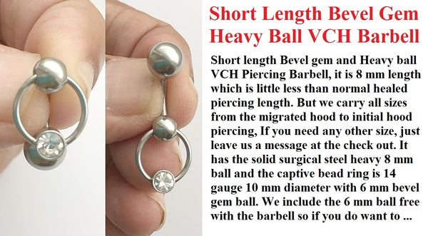 Short Length Bevel Gem Heavy Ball VCH Piercing Barbell.