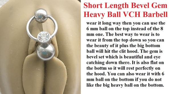 Short Length Bevel Gem Heavy Ball VCH Piercing Barbell.
