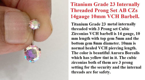 Titanium Grade 23 INTERNALLY THREADED AB Prong Set CZs VCH Barbell.