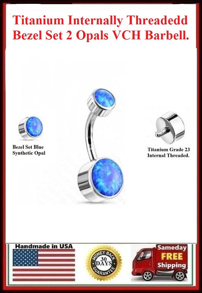 Titanium Grade 23 INTERNALLY THREADED Blue Opal Bezel Set VCH Barbell.