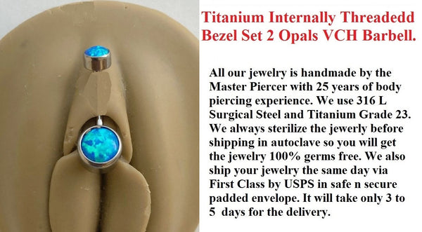 Titanium Grade 23 INTERNALLY THREADED Blue Opal Bezel Set VCH Barbell.