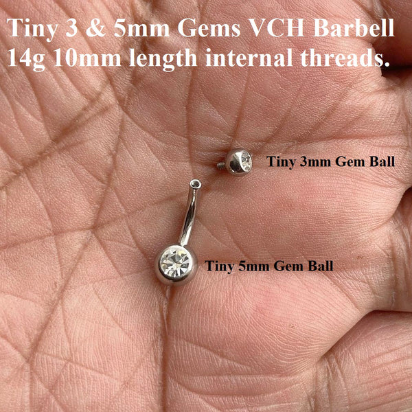 Surgical Steel 14g TINY 3 & 5mm Gems INTERNALLY THREADED VCH Barbell.