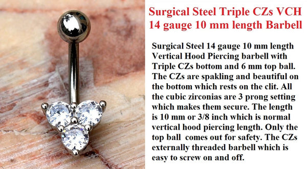 Sterilized Surgical Steel TRIPLE CZs 14 gauge VCH Barbell.