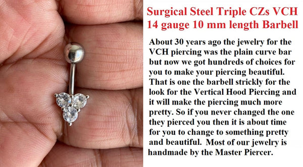 Sterilized Surgical Steel TRIPLE CZs 14 gauge VCH Barbell.