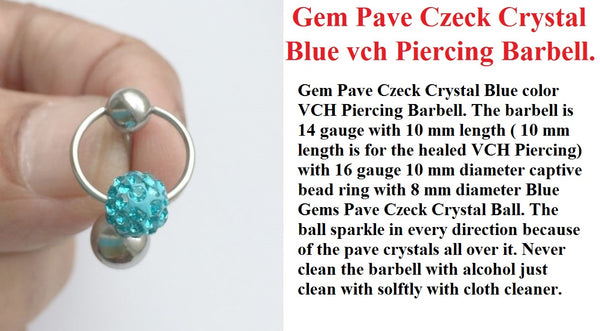 Blue Gems Pave Czeck Crystal Charms VCH Piercing Barbell.