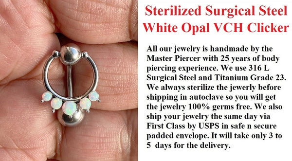 Sterilized Surgical Steel 5 Opals VCH CLICKER 14g Barbell w Heavy Ball.