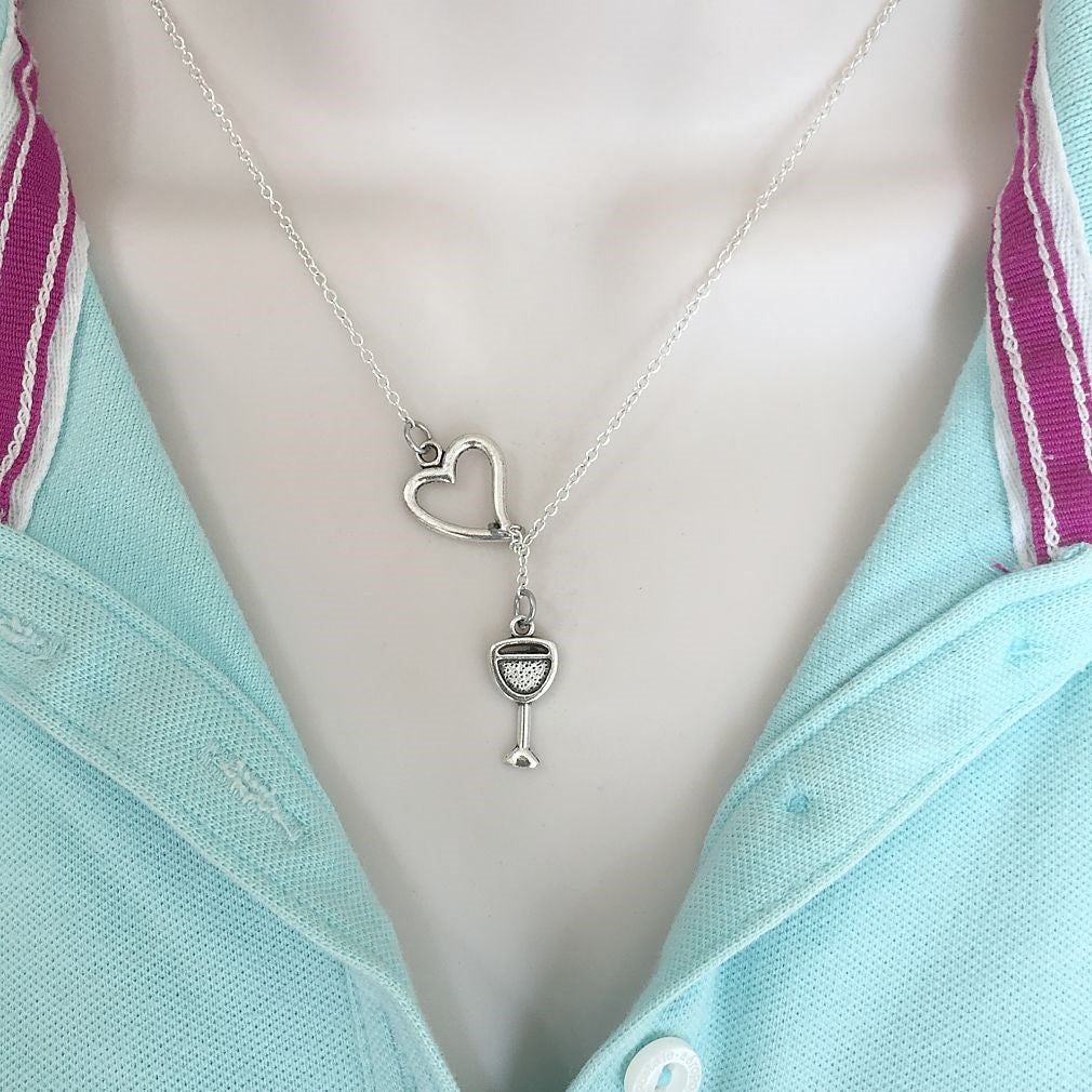 Wine Lovers; Wine Glass Silver Lariat Y Necklace.