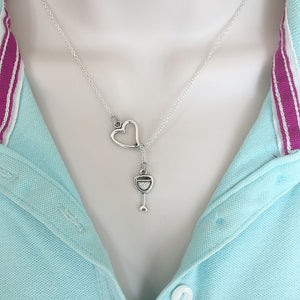 Wine Lovers; Wine Glass Silver Lariat Y Necklace.