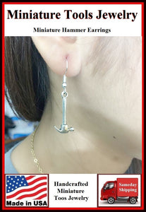 Miniature Tool Hammer Silver Dangle Earrings.