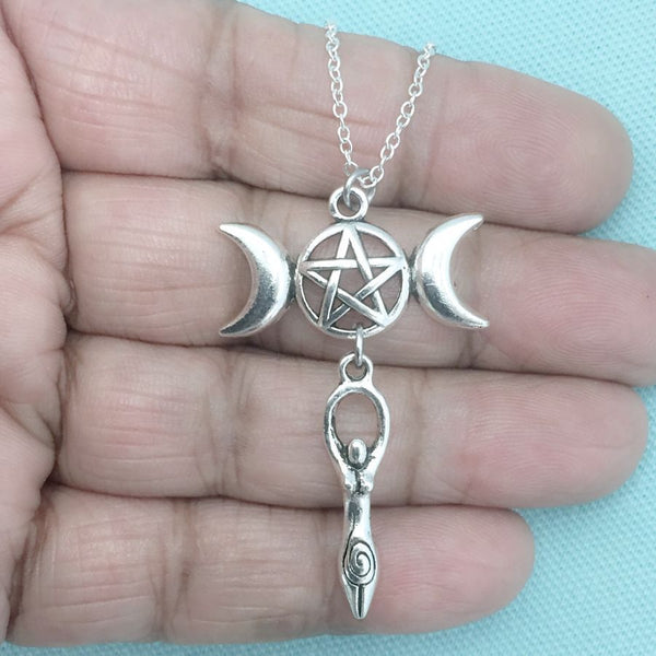 WICCAN PAGAN TRIPLE Moon PENTAGRAM with GODDESS Silver Charm Necklace.