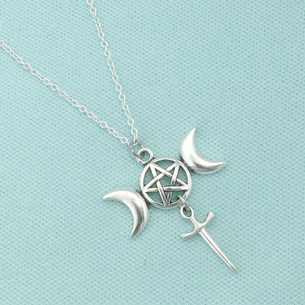 WICCAN PAGAN Silver TRIPLE MOON with PENTAGRAM ATHAME Celtic Charm Necklace.