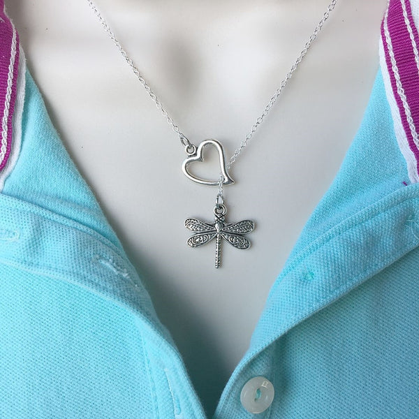 Beautiful I heart Dragonfly Silver Charm Y Lariat Necklace.