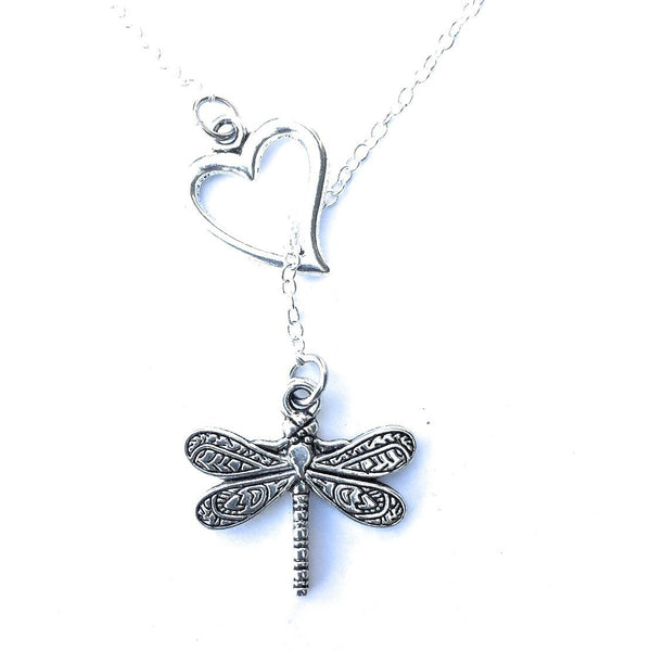 Beautiful I heart Dragonfly Silver Charm Y Lariat Necklace.