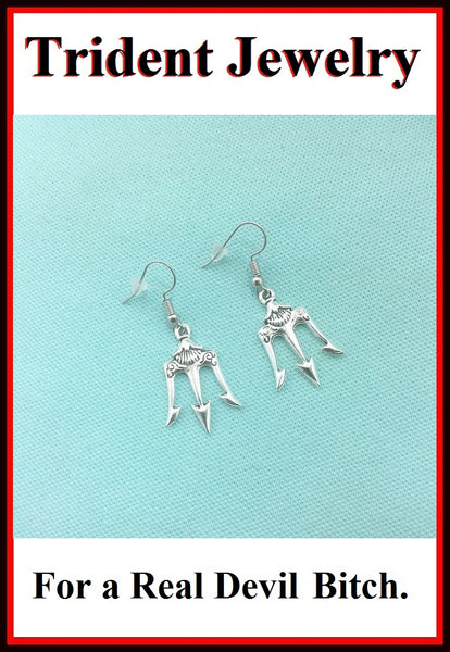 Antique Silver DEVIL's PITCH FORK Trident Dangle Drop Charms Earrings.