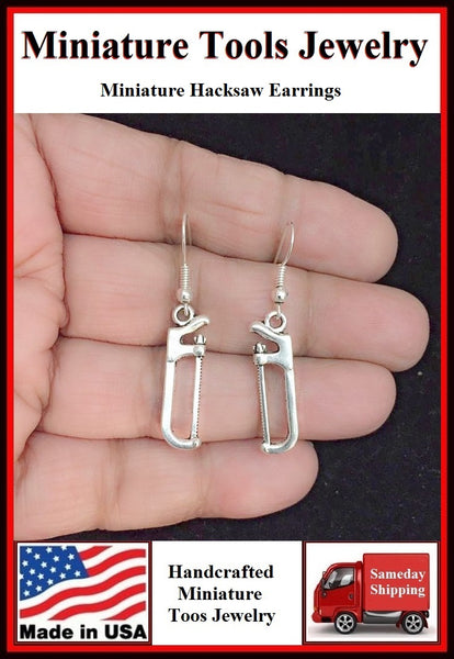 Miniature Tool Hacksaw Silver Dangle Earrings.