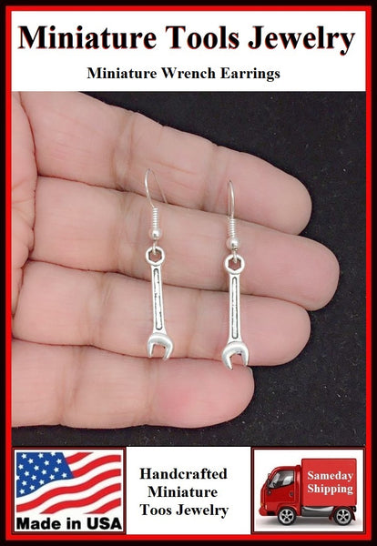 Miniature Tool Spanner or Wrench Silver Dangle Earrings.