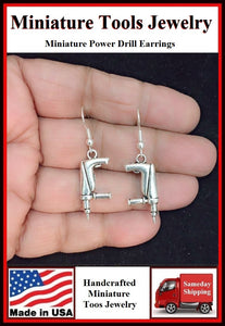 Miniature Tool Power Drill Silver Dangle Earrings.