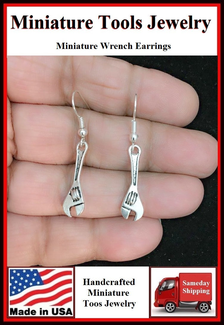 Miniature Tool Adjustable Wrench Silver Dangle Earrings.