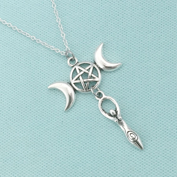 WICCAN PAGAN TRIPLE Moon PENTAGRAM with GODDESS Silver Charm Necklace.