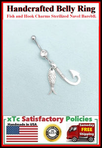 Surgical Steel Double Gems Belly Ring with FISH n HOOK.