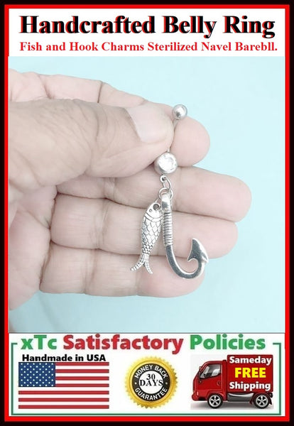 Surgical Steel Double Gems Belly Ring with FISH n HOOK.