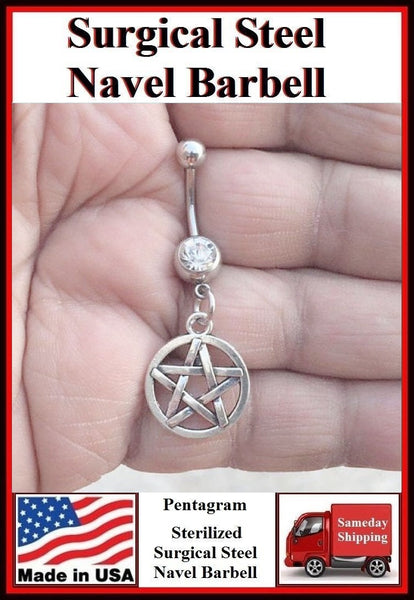Pentagram Silver Charm Surgical Steel Clear Belly Ring.