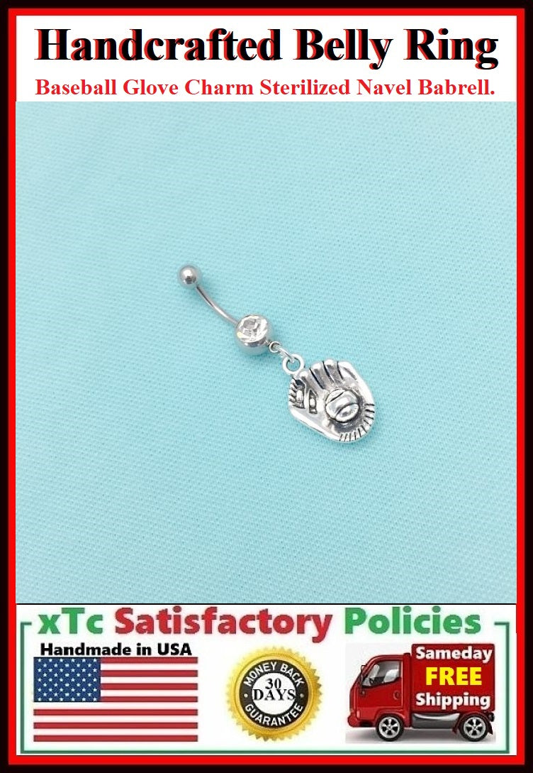 BASEBALL GLOVE Silver Charm Surgical Steel Belly Ring.
