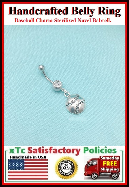 BASEBALL BALL Silver Charm Surgical Steel Belly Ring.