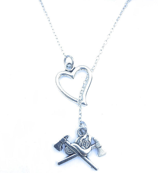 I Heart Firefighter Axes Handcrafted Necklace Lariat Style