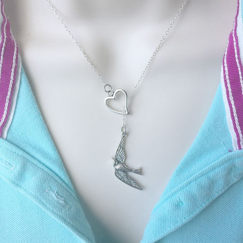 I Love Swallow Bird Silver Lariat Necklace.