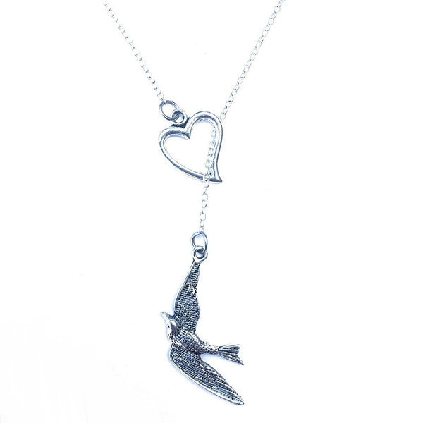 I Love Swallow Bird Silver Lariat Necklace.