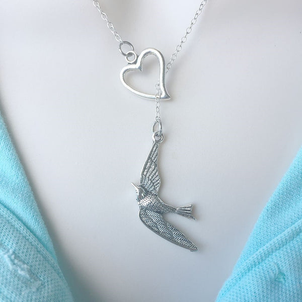 I Love Swallow Bird Silver Lariat Necklace.