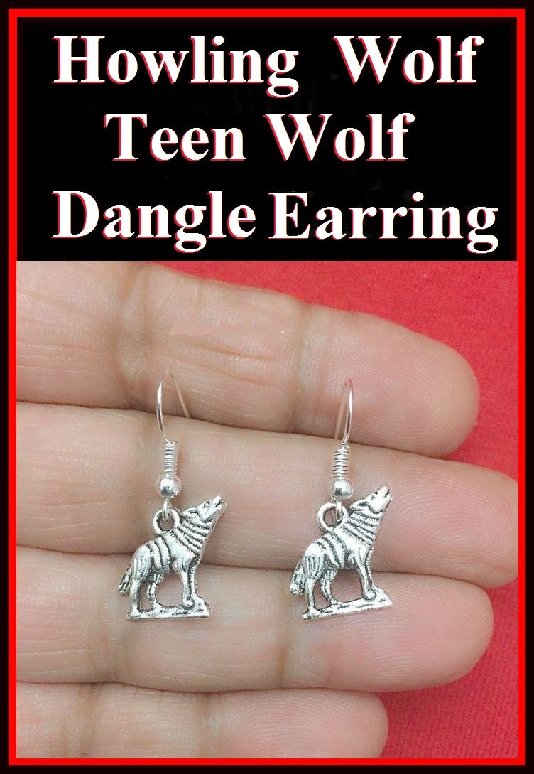 Beautiful Howling Wolf Teen Wolf Silver Dangle Earrings.