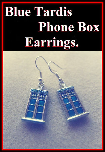 BLUE TARDIS Phone Box Silver Dangle Earrings.