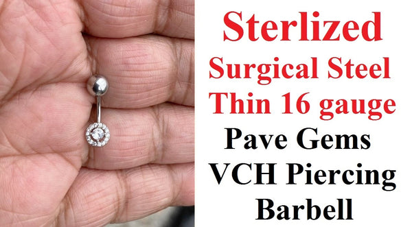 Sterilized Surgical Steel THIN 16g CZ Gem with Pave CZs VCH Piercing Barbell.