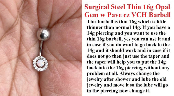 Sterilized Surgical Steel THIN 16g OPAL Gem with Pave CZs VCH Piercing Barbell.