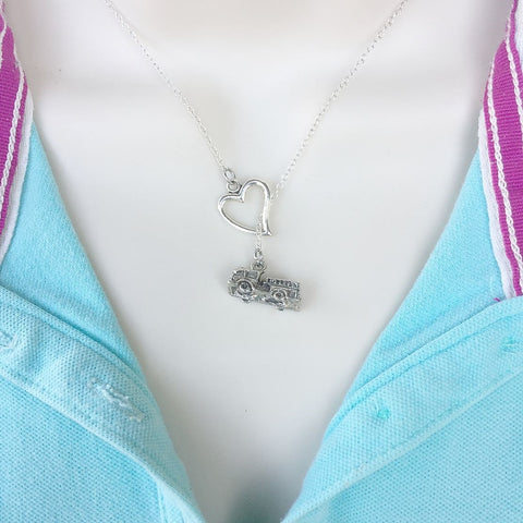 I Love Fire Truck Silver Lariat Y Necklace.