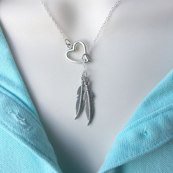 I Love Feathers Silver Lariat Necklace.