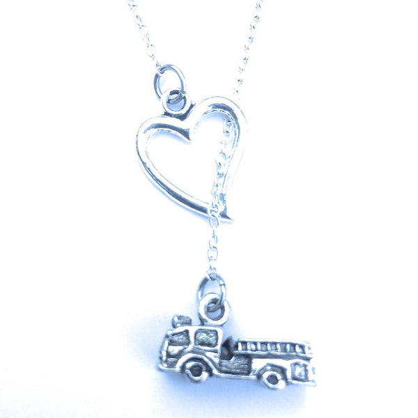 I Love Fire Truck Silver Lariat Y Necklace.