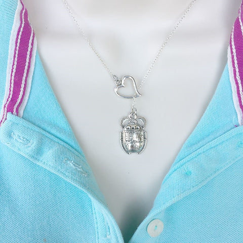 I Love Egyptian Beetle Silver Lariat Y Necklace.